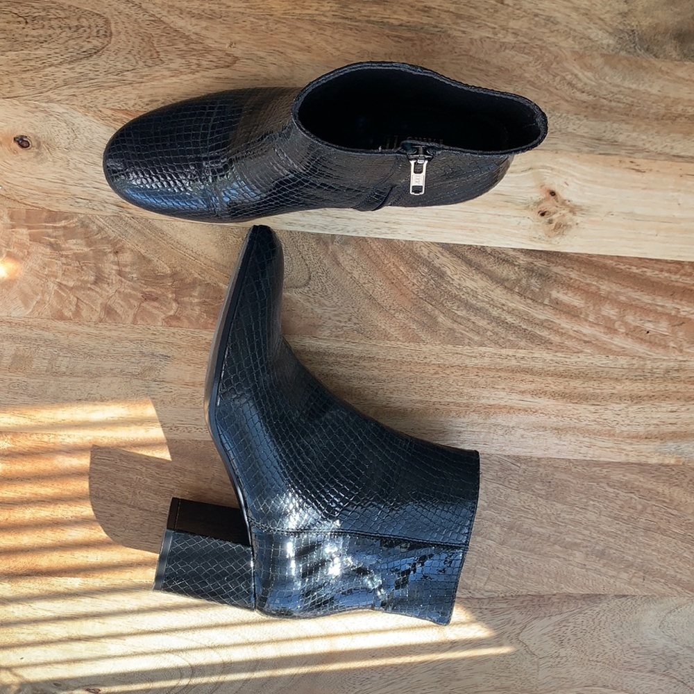 Paris Texas black patent snake skin snake print ankle booties